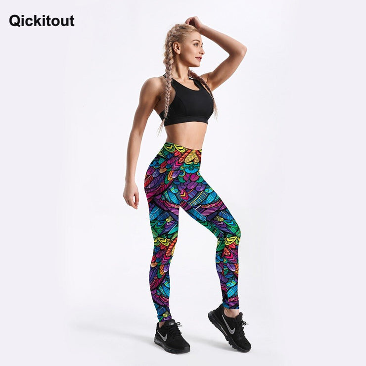 Qickitout Summer New Arriaval Color Feathers 3D Printed Women Sexy Fitness Activewear Elastic Mid Waist Trousers Drop Shipping