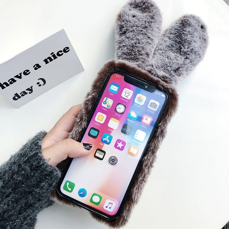 Kowkaka Cute Rabbit Ears Fur Plush Phone Shell