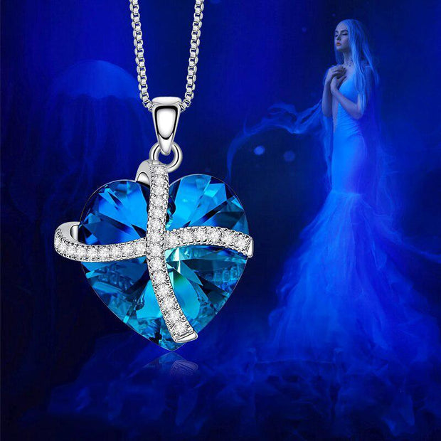 Austrian Crystal Bermuda Blue Pave Heart Ribbon  Necklace