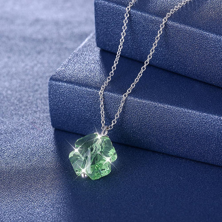 Green Crystal Clover Sterling Silver Necklace with  Crystals