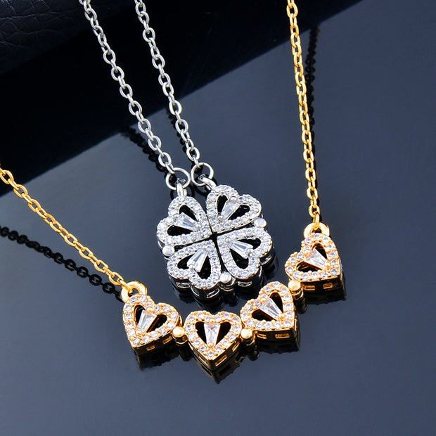 Creative Magnetic Folding Heart-Shaped Four-leaf Clover Necklace New Popular Design Jewelry Two Ways To Wear Unusual Party Gift