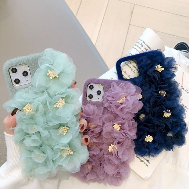 Luxury Girl Fashion 3D Beautiful Lace Cloth Flower Furry Back Phone Case Cover For iPhone 11 Pro Max XS Max XR X 8 7 6 6S Plus