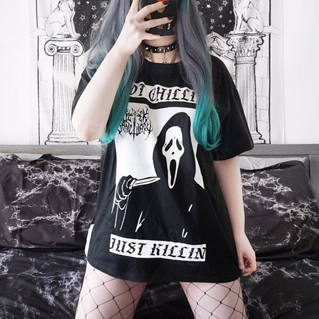 Gothic Dark Punk Loose Black T-shirts Women