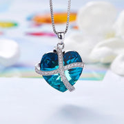 Austrian Crystal Bermuda Blue Pave Heart Ribbon  Necklace