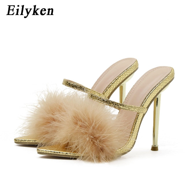 Pointed Toe Furry Slippers Ladies Sandals