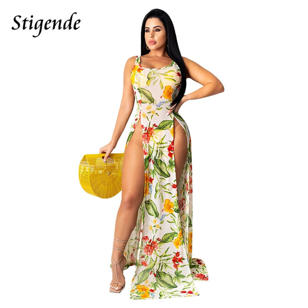 Stigende Women Palm Leaf Mesh Cover Up Dress Summer Floral Print Sundress Beachwear See Through High Split Long Maxi Dress