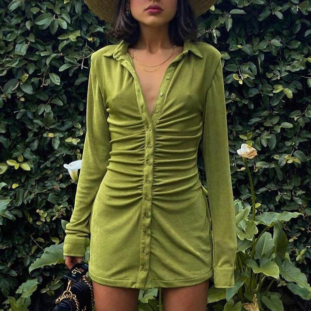 Women Ruched Shirt Dresses Turn Down Collar