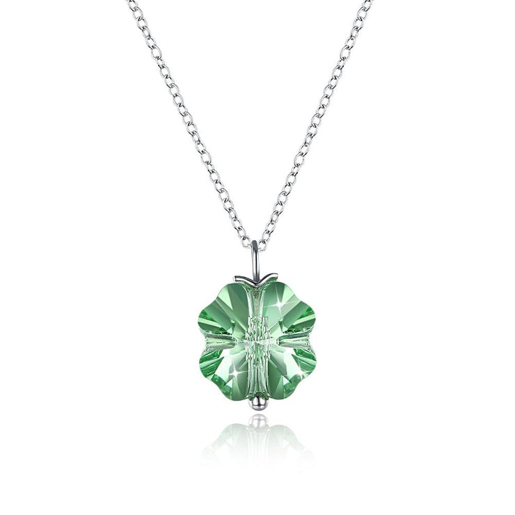 Green Crystal Clover Sterling Silver Necklace with  Crystals