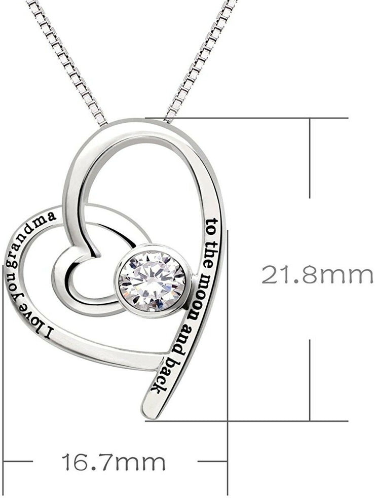 "I Love you Grandma to the moon and back" Heart Necklace Embellished with Austrian Crystal in 18K White Gold Plated