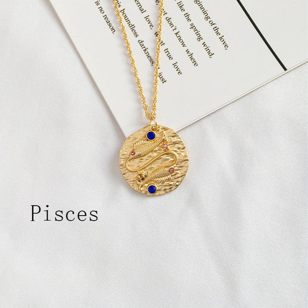 Gold Coin Disk Pendant Zodiac Necklace for Men Women