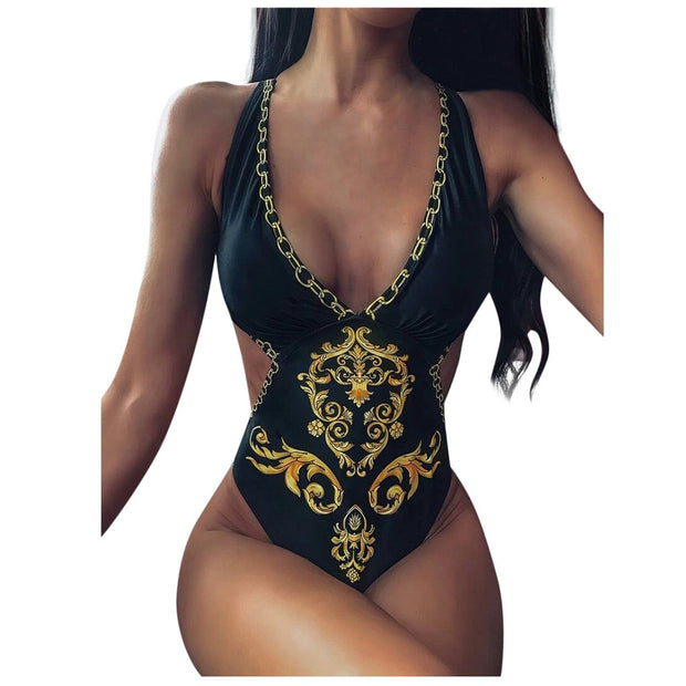 Women's Baroque Print Criss Cross Monokini Swimsuit Swimwear Beach Wear Vitality Sexy Bikinis Solid Push Up Bikini 2021 Hot Sale