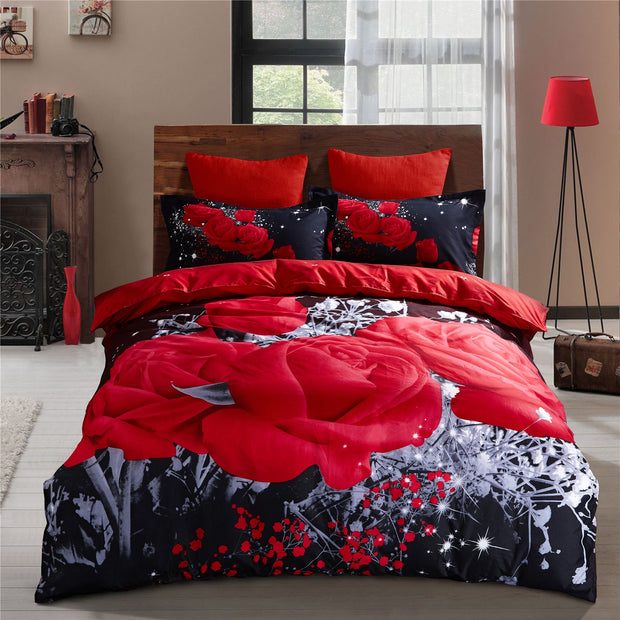 Big Red Flowers Rose Black Modern Luxury Comforter Bedding Set Fashion King Queen Twin Size Bed Linen Duvet Cover Sets Gift