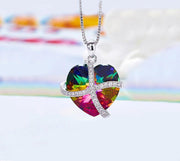 Austrian Crystal Rainbow Pave Heart Ribbon  Necklace