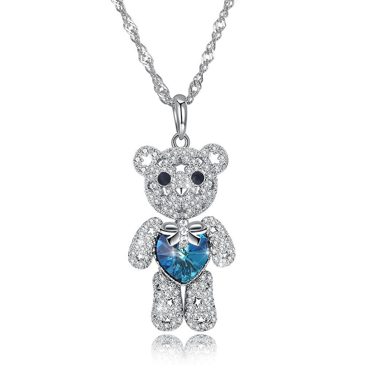 Teddy Bear Sterling Silver Necklace with  Crystals