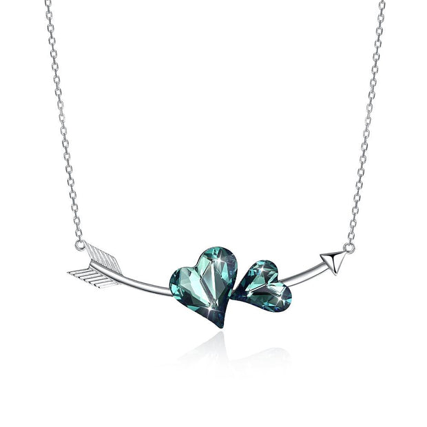 Double Heart Sterling Silver Necklace with  Crystals