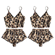 Sexy V-Neck Crop Top Drawstring Wide Leg Shorts Vintage Leopard Printed Sleepwear Loungewear