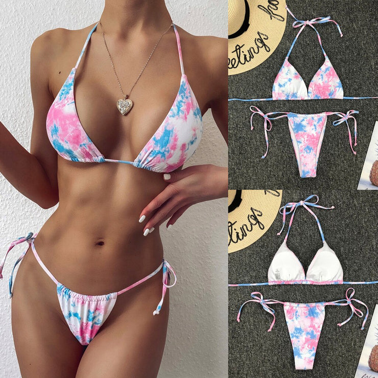 Women's Sexy Tie-dye Swimwear Thong Push-up Padded Bra Micro Bikini Halter Set Two Piece Swimsuit Brazilian Swimwear Купальник