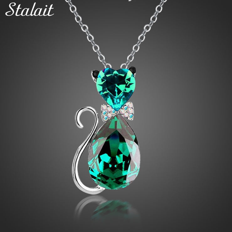 Cute Cat Pendant Necklace For Women Heart Crystal Jewelry Austrian Crystal Clavicle Chain Necklace