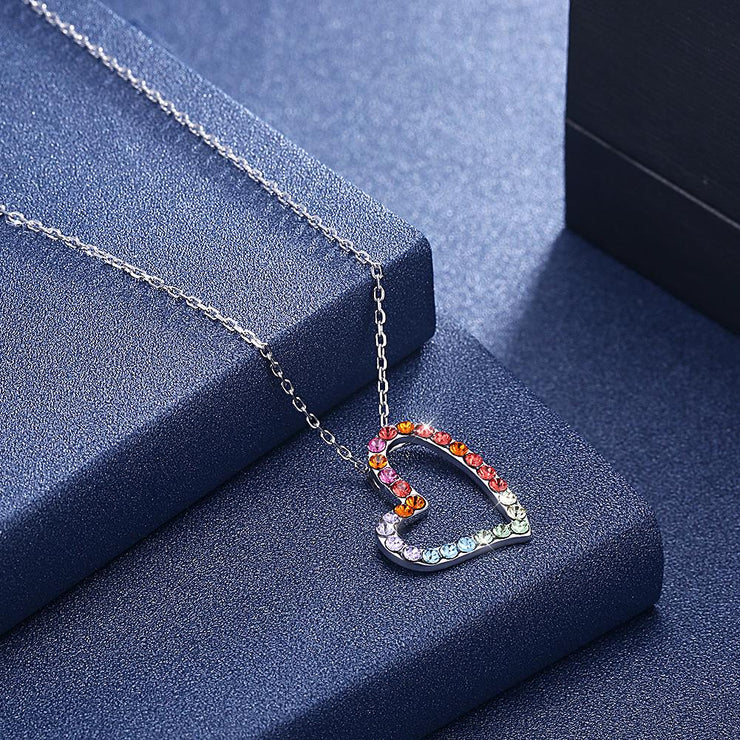 Rainbow Heart Sterling Silver Necklace with  Crystals