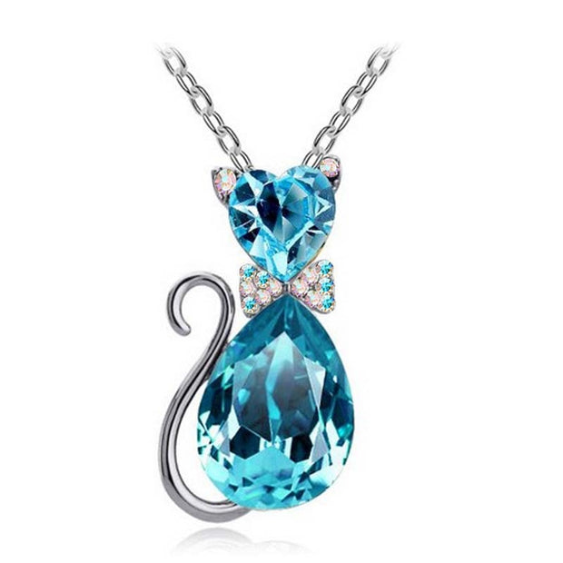 Cute Cat Pendant Necklace For Women Heart Crystal Jewelry Austrian Crystal Clavicle Chain Necklace