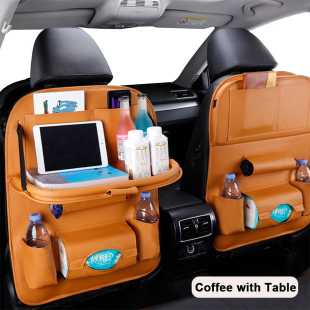 Car Seat Back Organizer Pu Leather Pad Bag Car Storage Organizer Foldable Table Tray Travel Storage Bag Auto Accessories