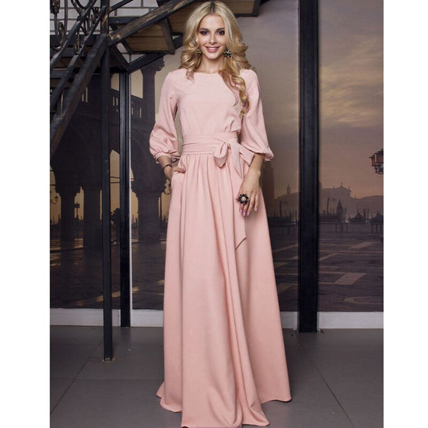 Autumn Women Casual Bow Maxi Sashes Dress