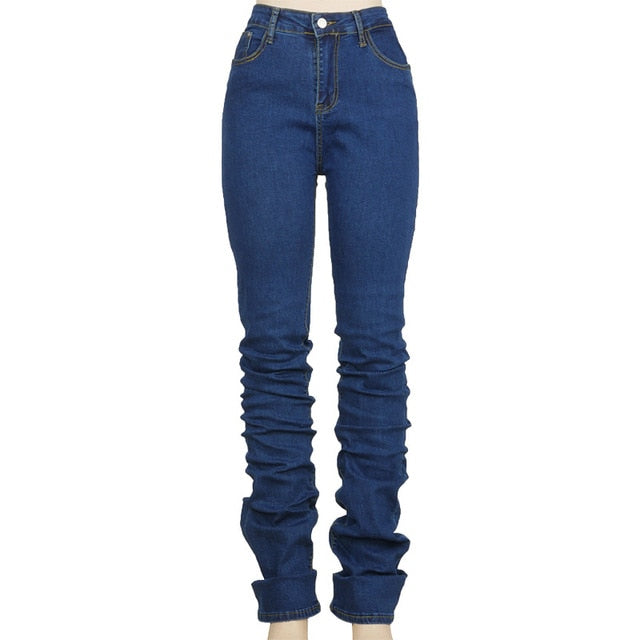 Simenual Ruched Denim Blue High Waist Stacked Pants Autumn 2021 Women Clothing Streetwear Jeans Fashion Skinny Pockets Trousers