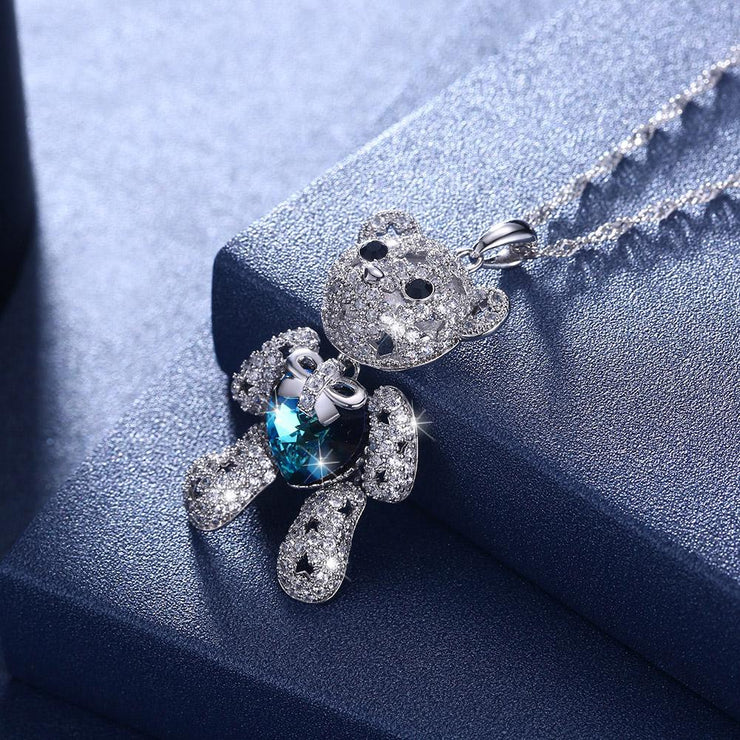 Teddy Bear Sterling Silver Necklace with  Crystals