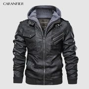 CARANFIER Mens PU Hooded Jackets Coats Motorcycle Biker Faux Leather Jacket Men Classic Winter Jackets Clothes  European Size