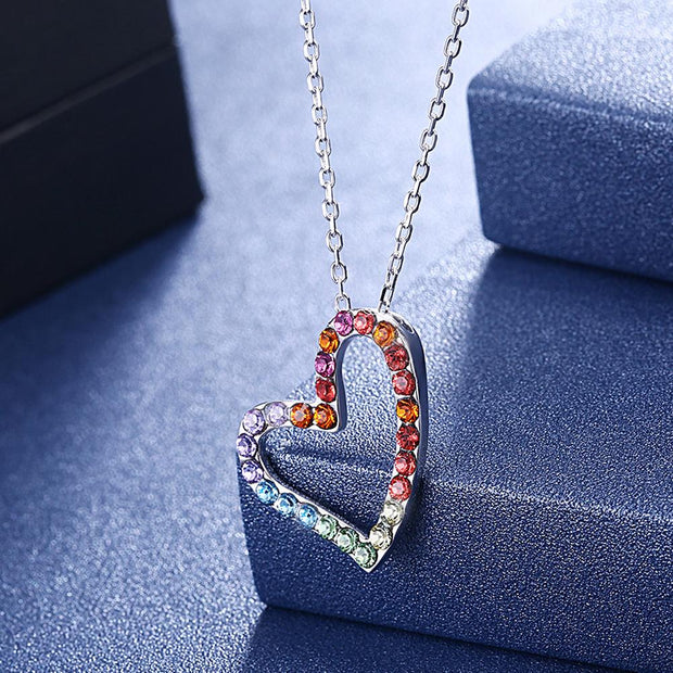 Rainbow Heart Sterling Silver Necklace with  Crystals