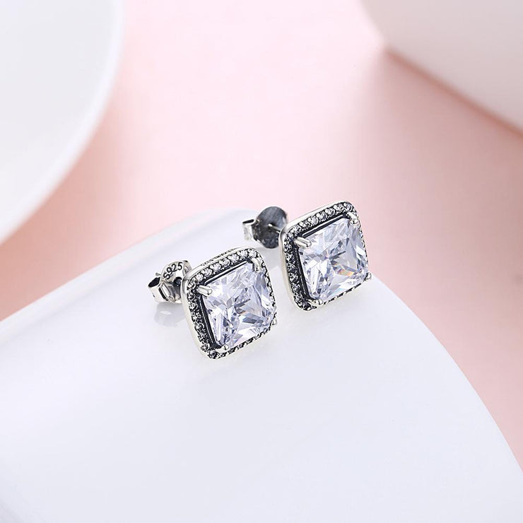 Halo Princess Cut Sterling Silver Earring