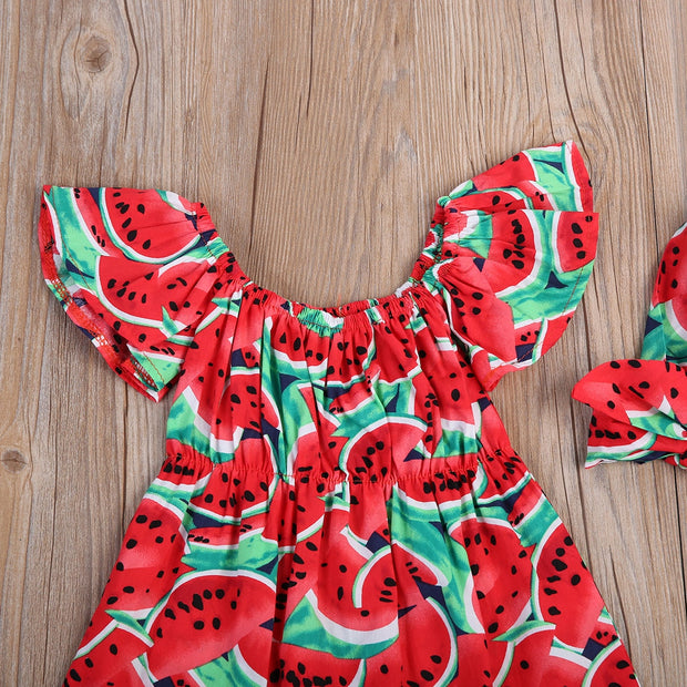 Newborn Baby Girls Watermelon Print Clothes Ruffles Sleeve Bodysuit +Headband