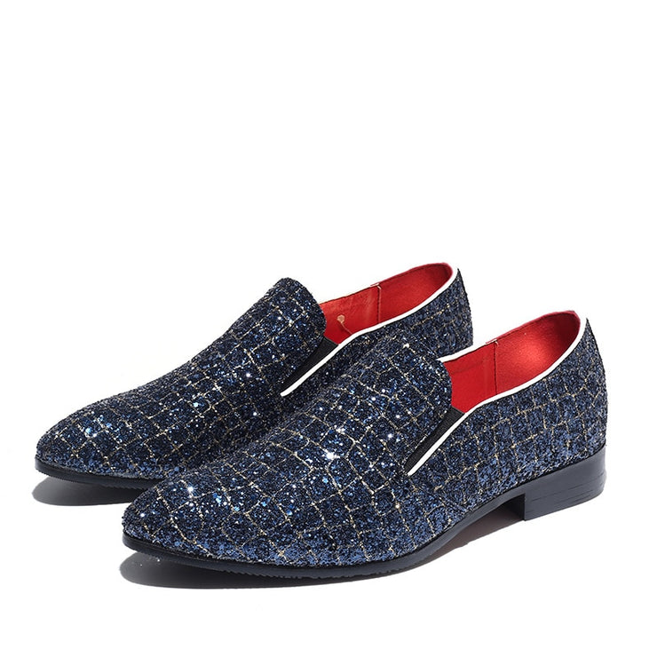 M-anxiu Fashion Grids Pattern Leather Loafers Shining Sequins