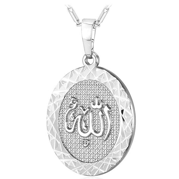 Allah God Almight Arabic Script Pendant Medallion Necklacein 18k White Gold Filled