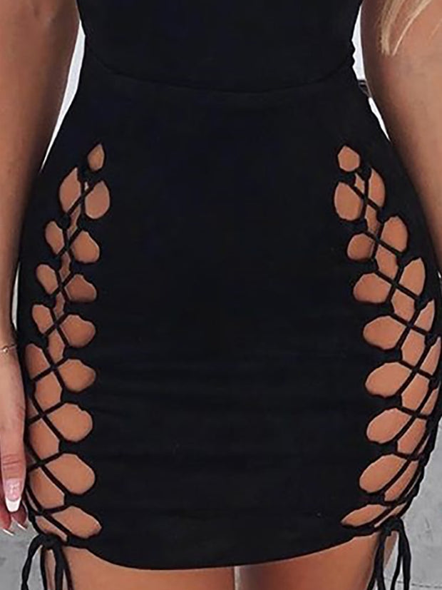 Solid Black Lace-Up Mini Dress