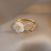 Elegant White Shell Flower Branch Shape Golden Opening Rings