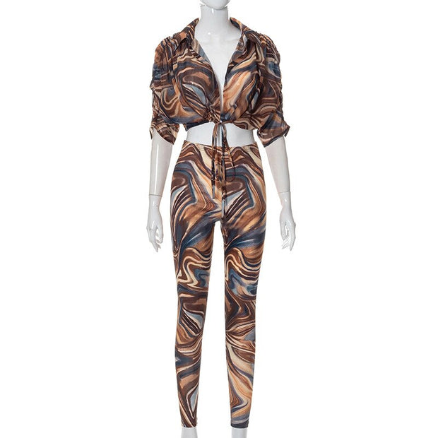 2 Piece Set Abstract Print Sheer Outfits