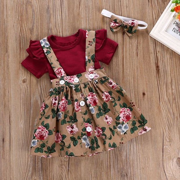 Summer Baby Girl Clothes Set Short Sleeve Flare Romper + Floral Print Dress +Bow Headband