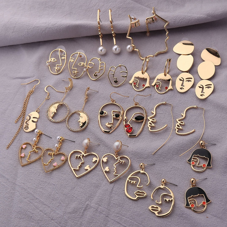 2019 Korean Fashion Jewelry Gold Color Alloy Face Dangle Earrings