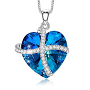 Austrian Crystal Bermuda Blue Pave Heart Ribbon  Necklace