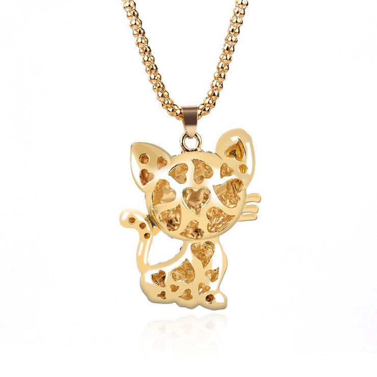 Pretty Rhinesto Cat Necklace For Women Gold Filled Enamel Crystal Long Sweater Chain Necklaces Pendants Christmas Gift For Girl