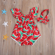 Newborn Baby Girls Watermelon Print Clothes Ruffles Sleeve Bodysuit +Headband