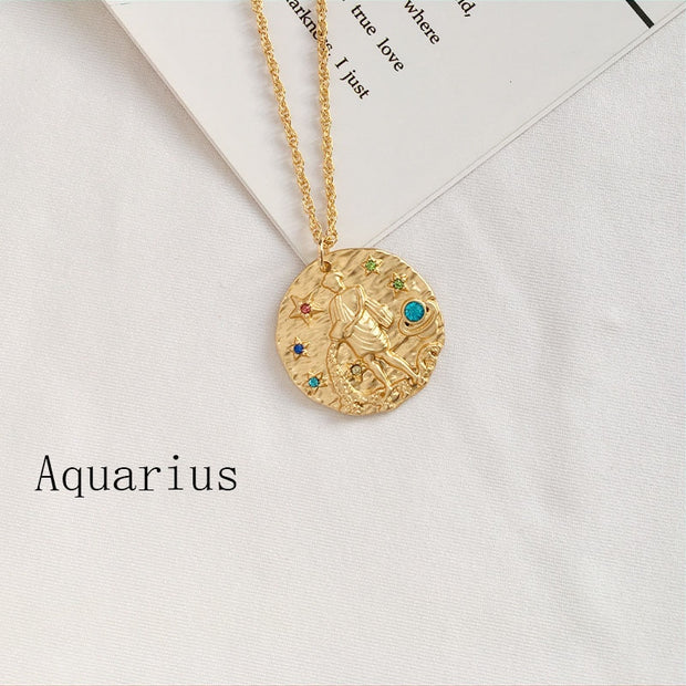 Gold Coin Disk Pendant Zodiac Necklace for Men Women