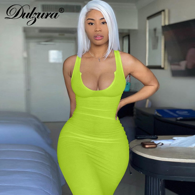 Dulzura Ribbed Knitted Stripe Women Sleeveless Midi Dress V Neck Bodycon Sexy Streetwear Party Club Elegant 2021 Spring Summer