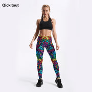 Qickitout Summer New Arriaval Color Feathers 3D Printed Women Sexy Fitness Activewear Elastic Mid Waist Trousers Drop Shipping