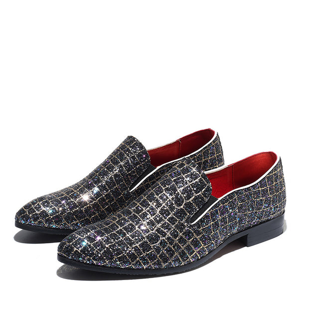 M-anxiu Fashion Grids Pattern Leather Loafers Shining Sequins