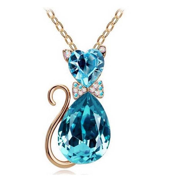 Cute Cat Pendant Necklace For Women Heart Crystal Jewelry Austrian Crystal Clavicle Chain Necklace