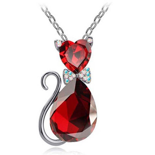 Cute Cat Pendant Necklace For Women Heart Crystal Jewelry Austrian Crystal Clavicle Chain Necklace