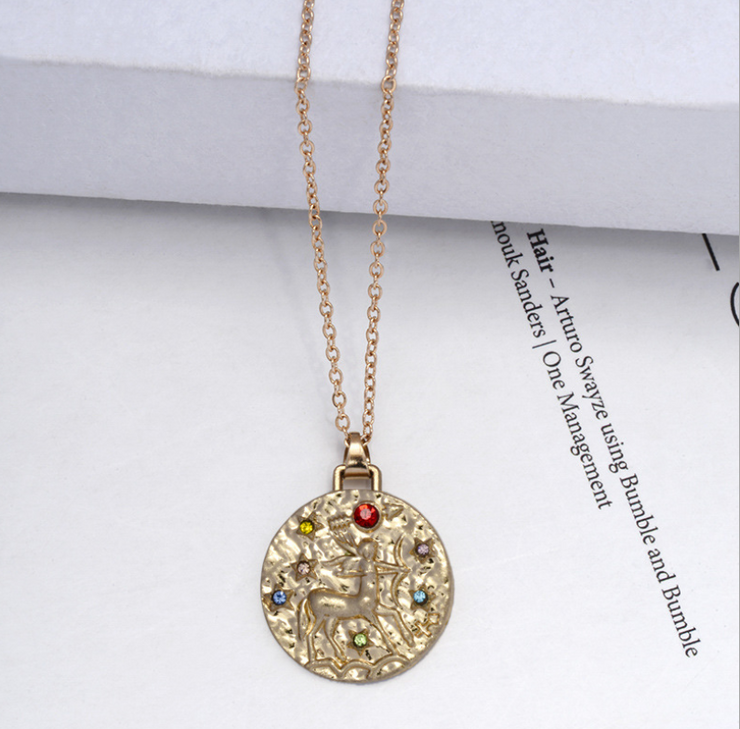 Gold Coin Disk Pendant Zodiac Necklace for Men Women