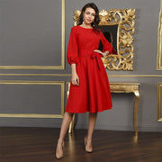 Women Vintage Sashes Lantern Sleeve Dress Elegant Knee Length